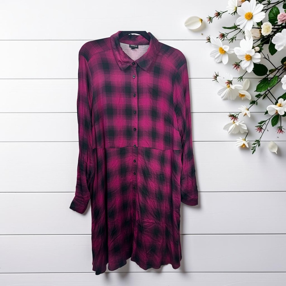 Torrid Magenta Black Plaid Button Down Shirt Dress Pockets Plus Size 1 1X